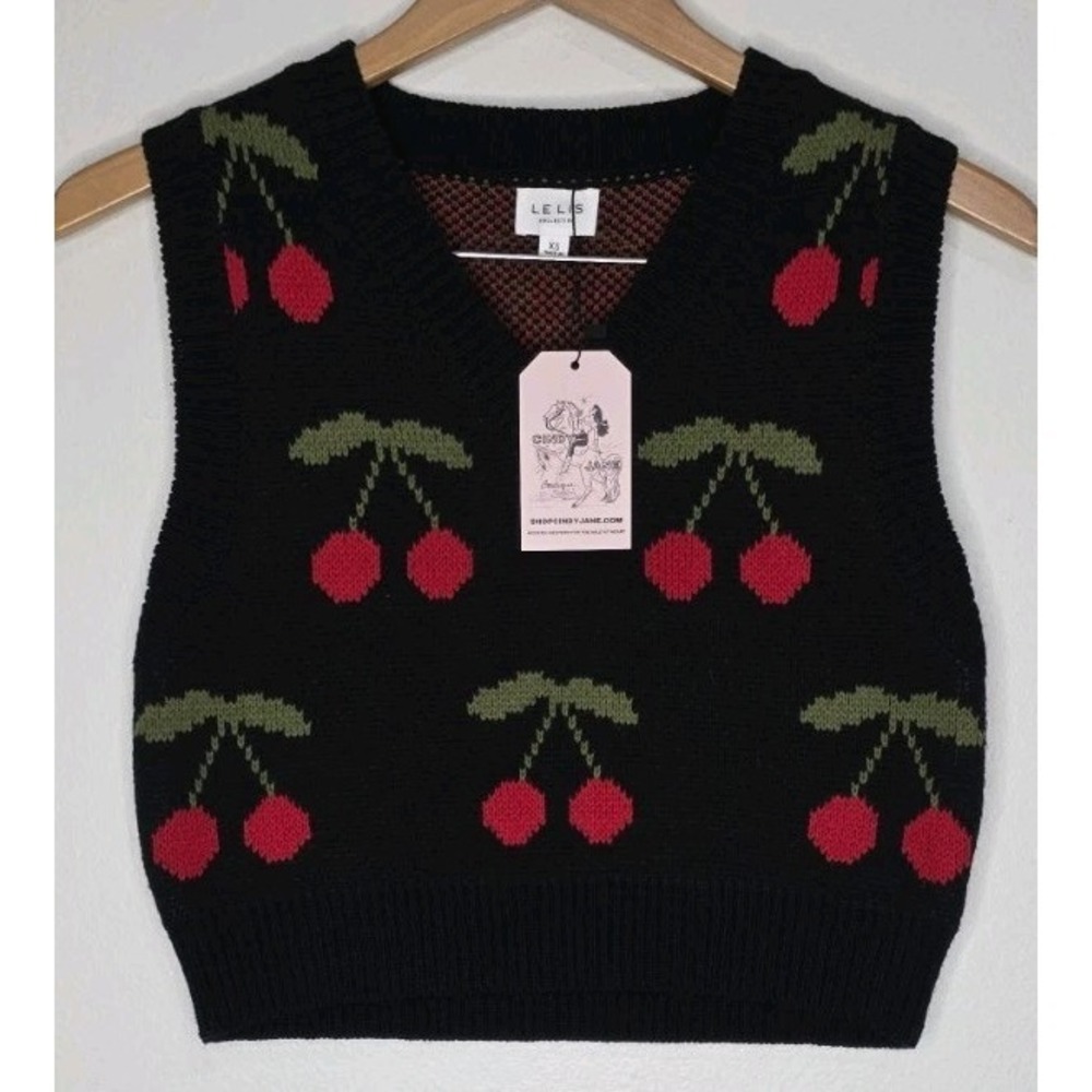 NEW LELIS PICKED FIRST CHERRY Print Black Sweater VEST XS PUNK EMO Moto Grunge
